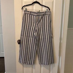 Veronica Beard Size 10 wide Leg Cropped Blue Stripped EUC Linen Cotton